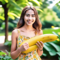 A beautiful girl holding a large banana, with a playful and cheerful expression