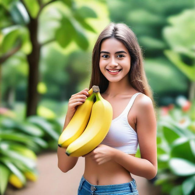 A beautiful girl holding a large banana, with a playful and cheerful expression