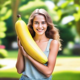 A beautiful girl holding a large banana, with a playful and cheerful expression