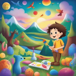 A whimsical scene featuring a young artist holding a magic paintbrush that brings their paintings to life