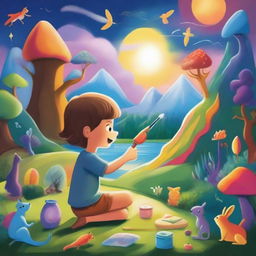 A whimsical scene featuring a young artist holding a magic paintbrush that brings their paintings to life