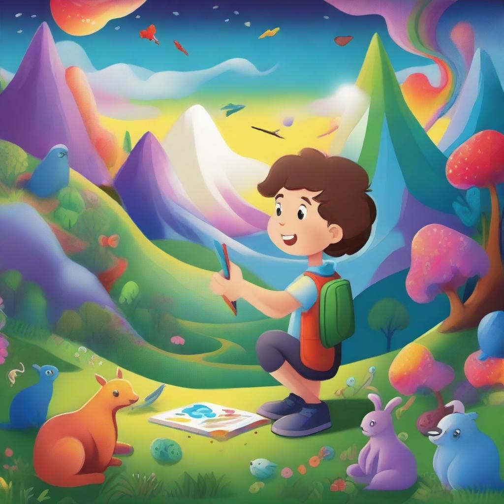 A whimsical scene featuring a young artist holding a magic paintbrush that brings their paintings to life