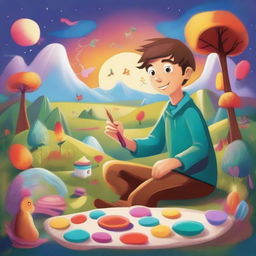 A whimsical scene featuring a young artist holding a magic paintbrush that brings their paintings to life