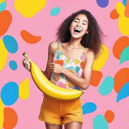 A young woman holding a large banana, standing in a playful and cheerful pose