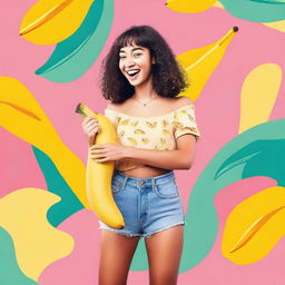 A young woman holding a large banana, standing in a playful and cheerful pose