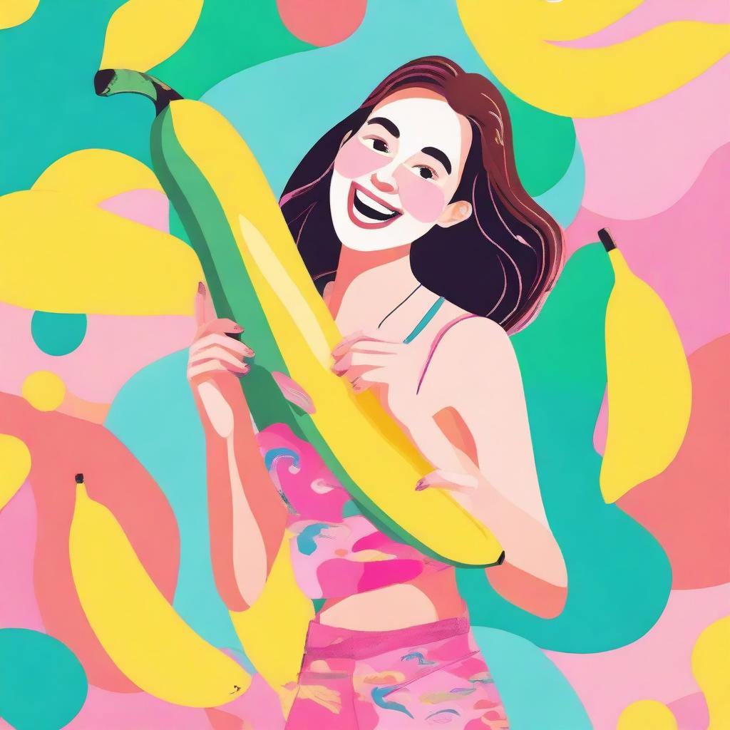 A young woman holding a large banana, standing in a playful and cheerful pose