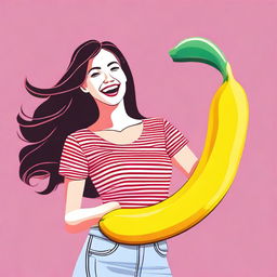 A young woman holding a large banana, standing in a playful and cheerful pose