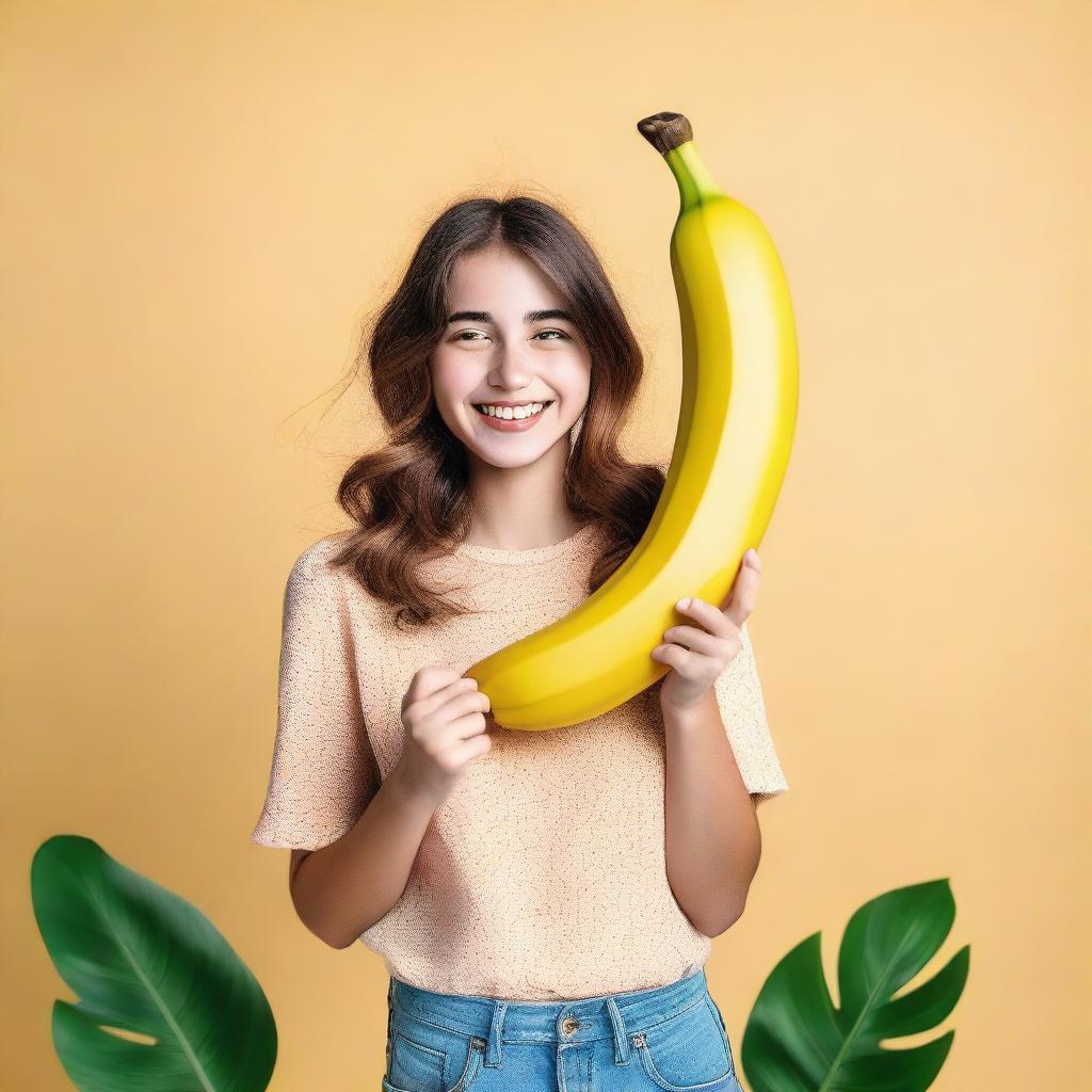 A beautiful girl holding a large banana