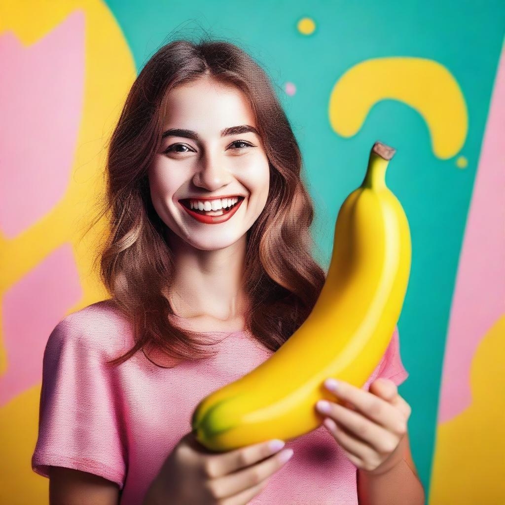 A beautiful girl holding a large banana