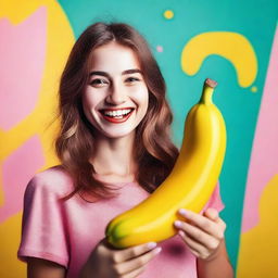 A beautiful girl holding a large banana