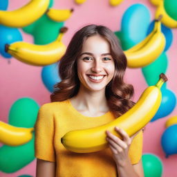 A beautiful girl holding a large banana