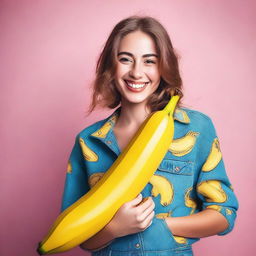 A beautiful girl holding a large banana