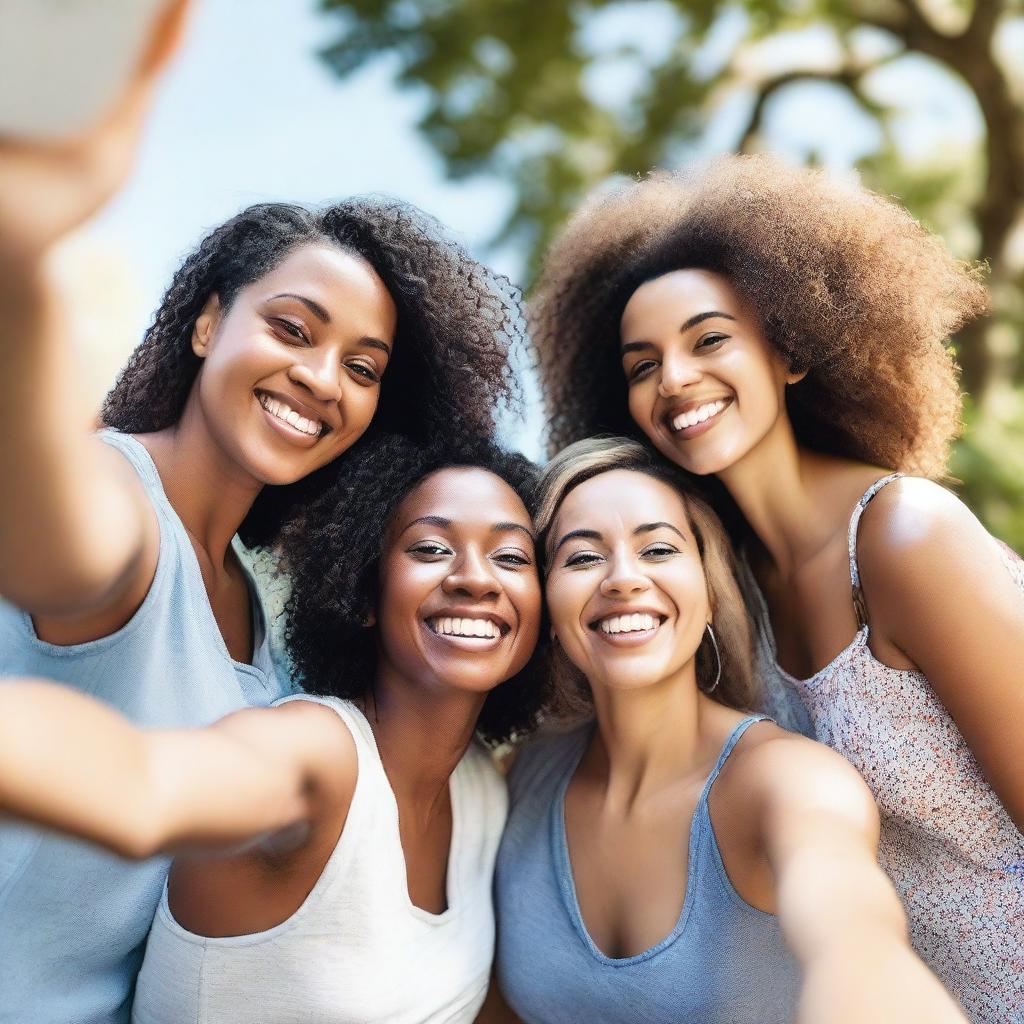 A group of women taking selfies together, smiling and having fun