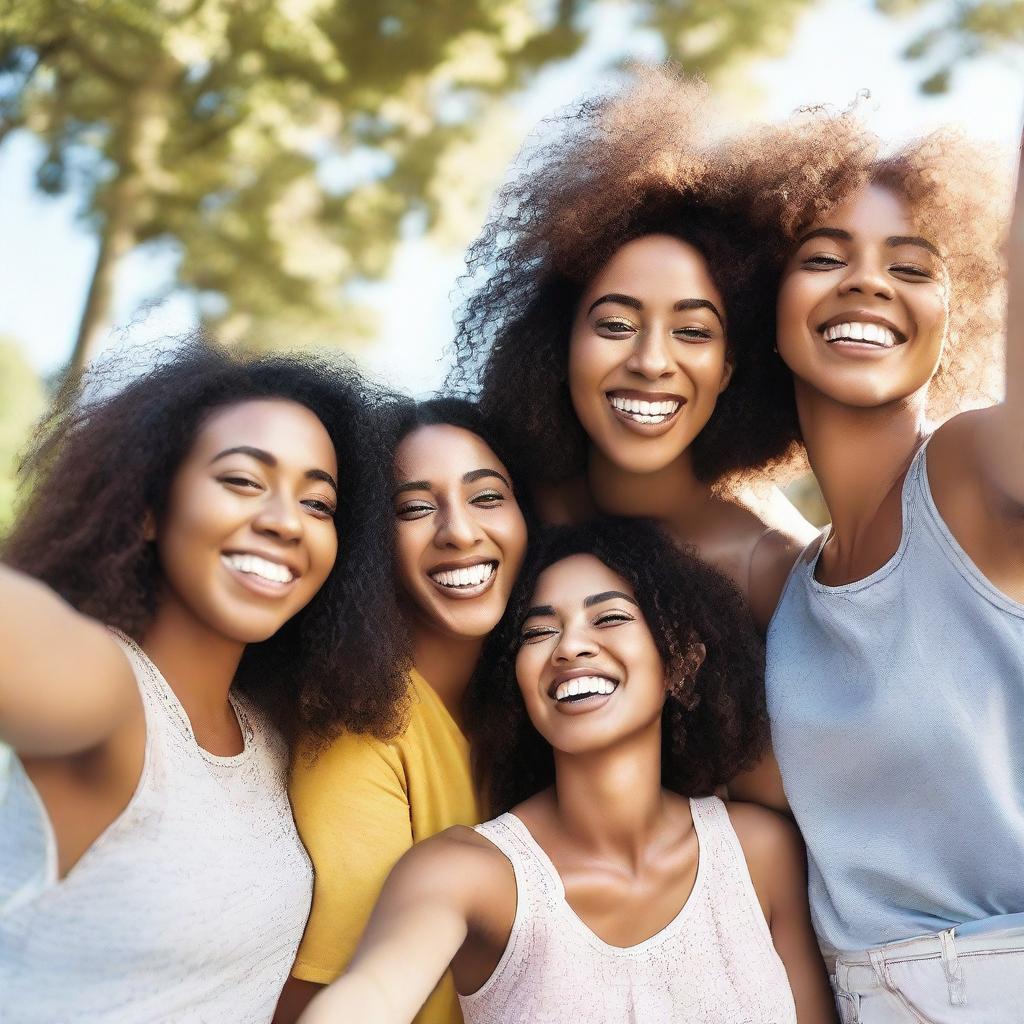 A group of women taking selfies together, smiling and having fun