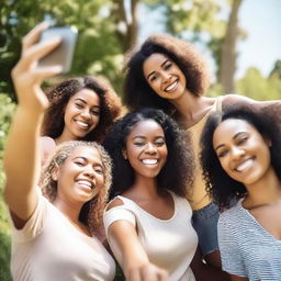 A group of women taking selfies together, smiling and having fun