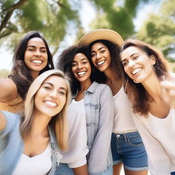 A group of women taking selfies together, smiling and having fun