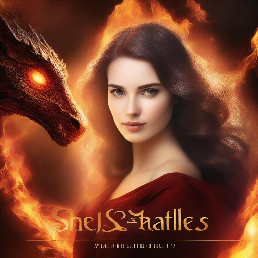 Create a romance fantasy book cover with the title 'She Breathes Fire' prominently displayed