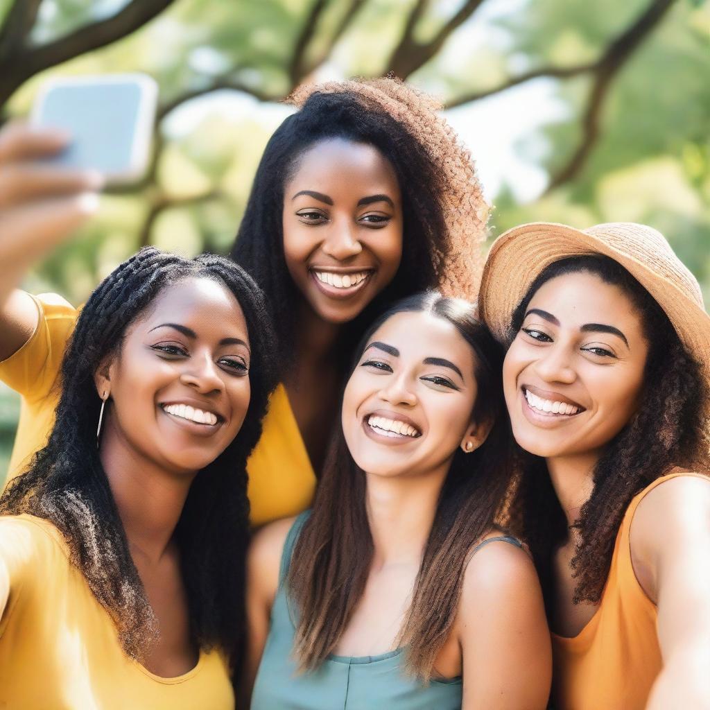 A group of women taking selfies together, smiling and enjoying themselves