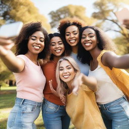 A group of women taking selfies together, smiling and enjoying themselves