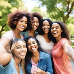 A group of women taking selfies together, smiling and enjoying themselves