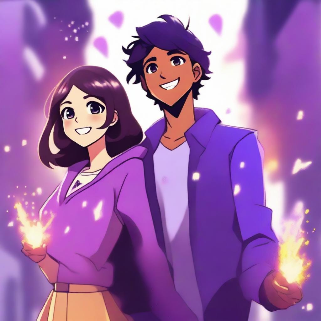 A girl wielding purple magic, standing confidently with a cute guy by her side