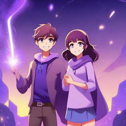 A girl wielding purple magic, standing confidently with a cute guy by her side