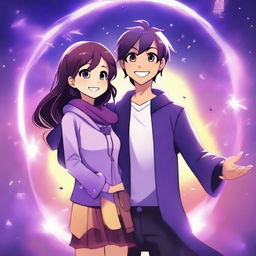 A girl wielding purple magic, standing confidently with a cute guy by her side