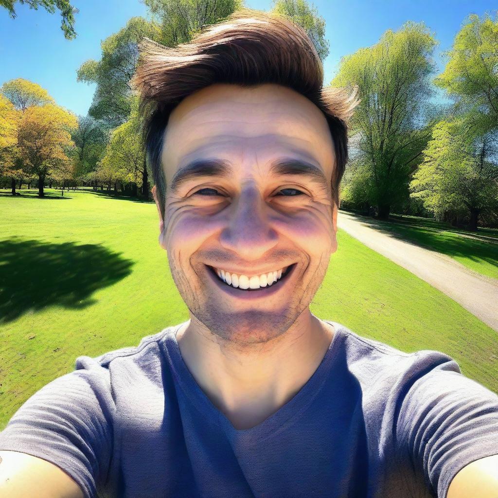 A realistic selfie of a person smiling at the camera