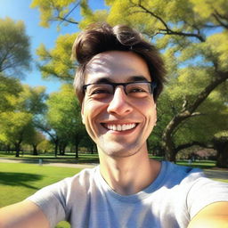 A realistic selfie of a person smiling at the camera