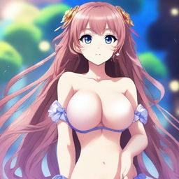 Create an anime-style waifu character with larger breasts in sexy poses