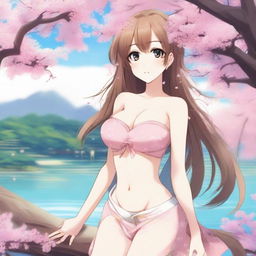 Create an image of a beautiful anime waifu character with larger breasts