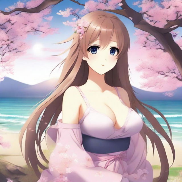 Create an image of a beautiful anime waifu character with larger breasts