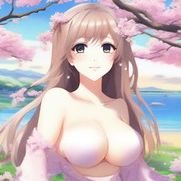 Create an image of a beautiful anime waifu character with larger breasts