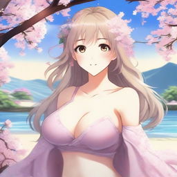 Create an image of a beautiful anime waifu character with larger breasts and a bigger band size