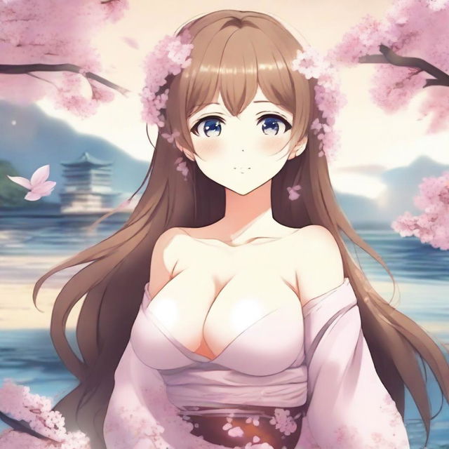 Create an image of a beautiful anime waifu character with larger breasts and a bigger butt