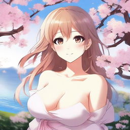 Create an image of a beautiful anime waifu character with larger breasts and a bigger butt