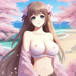 Create an image of a beautiful anime waifu character with larger breasts and a bigger butt