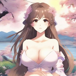 Create an image of a beautiful anime waifu character with larger breasts and a bigger butt