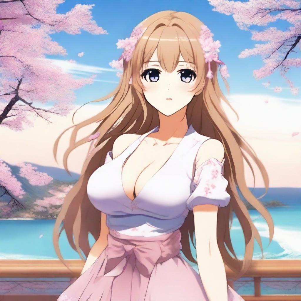 Create an image of a beautiful anime waifu character with larger breasts and wearing short, stylish clothing