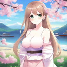 Create an image of a beautiful anime waifu character with larger breasts and wearing short, stylish clothing