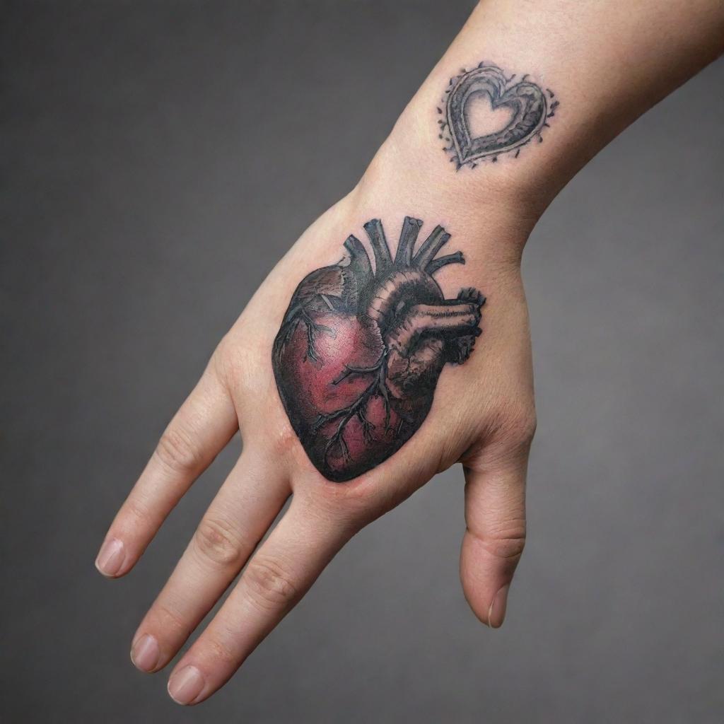 Generate an image of a hand, with a finely-detailed heart tattoo prominently displayed.