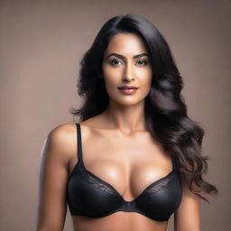 Create an image of an elegant and confident natural native woman wearing a black bra