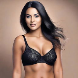 Create an image of an elegant and confident natural native woman wearing a black bra