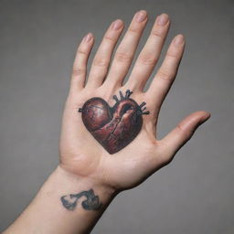 Generate an image of a hand, with a finely-detailed heart tattoo prominently displayed.