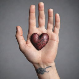 Generate an image of a hand, with a finely-detailed heart tattoo prominently displayed.