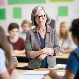 A mature English teacher is standing in a classroom, interacting with students