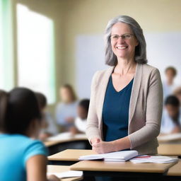 A mature English teacher is standing in a classroom, interacting with students