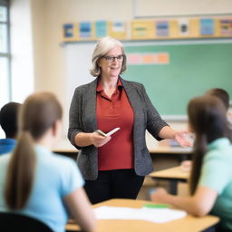 A mature English teacher is standing in a classroom, interacting with students