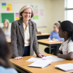 A mature English teacher is standing in a classroom, interacting with students