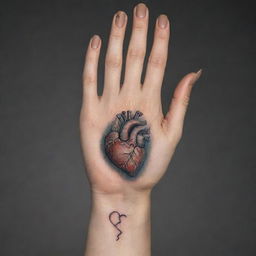 Generate an image of a hand, with a finely-detailed heart tattoo prominently displayed.